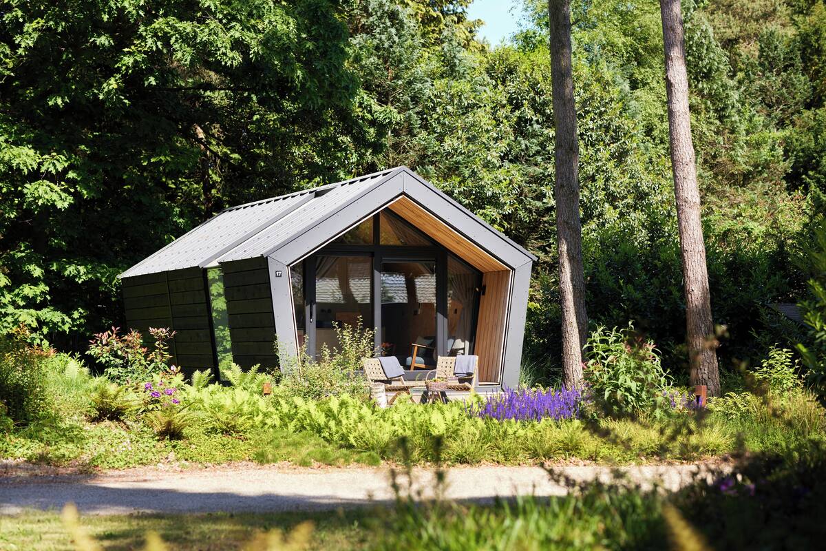 A small cabin with a sloped roof, surrounded by lush greenery and a garden with purple flowers.