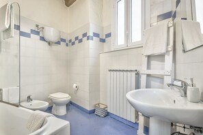 Combined shower/tub, hair dryer, bidet, towels