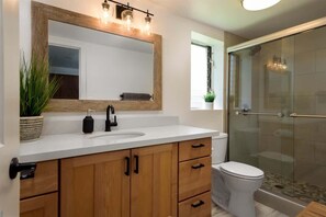 Shower, hair dryer, towels