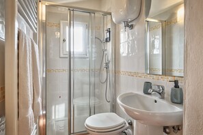 Shower, hair dryer, bidet, towels