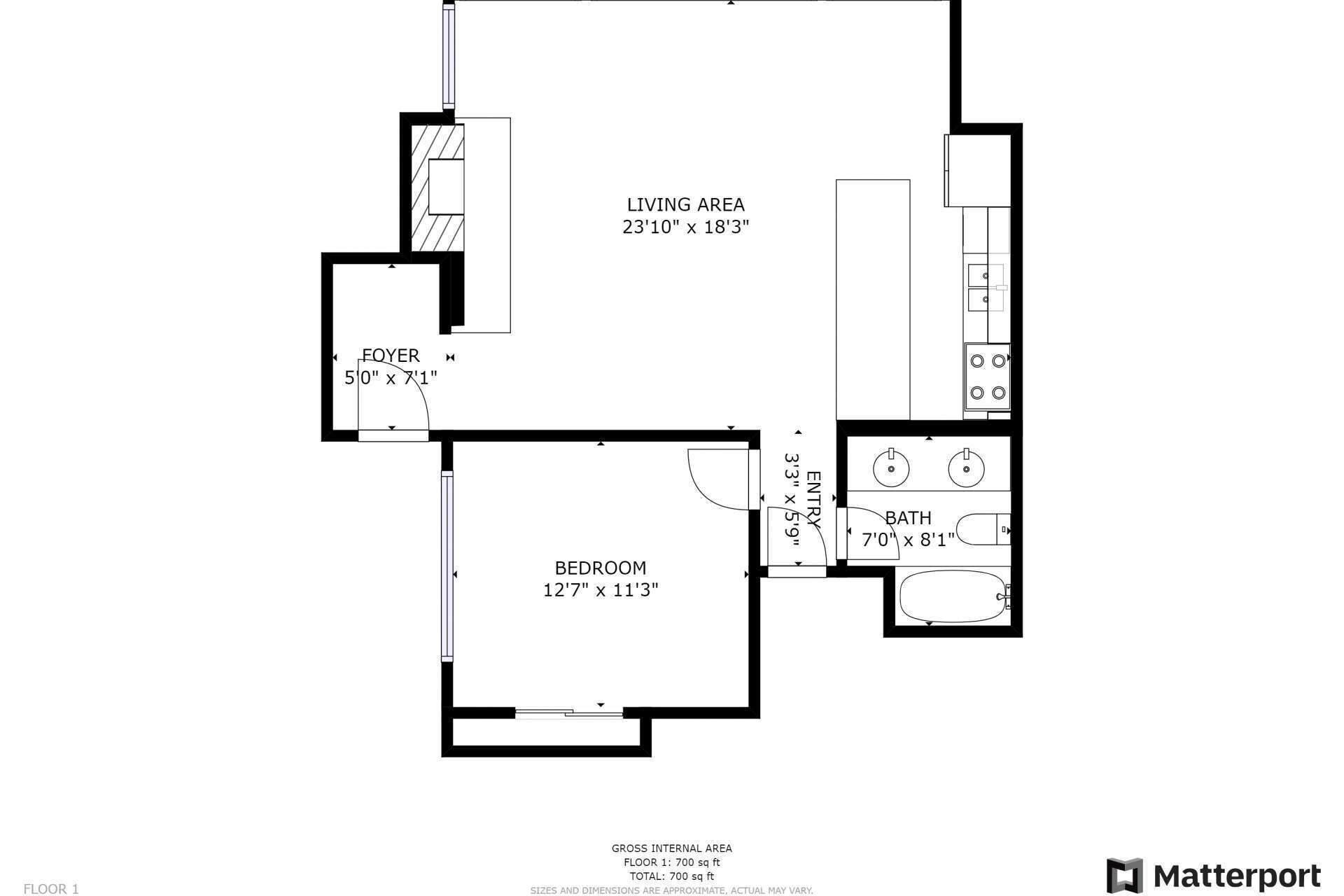 A floor plan with a living area (23'10" x 18'3"), a bedroom (127" x 113"), a foyer (50" x 1"), and a bathroom (7'0" x 8'1").