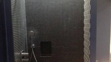 Douche, sèche-cheveux, serviettes fournies, savon