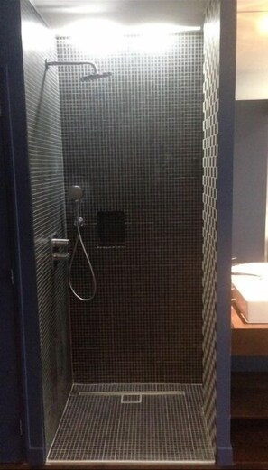 Douche, séchoir à cheveux, serviettes fournies, savon