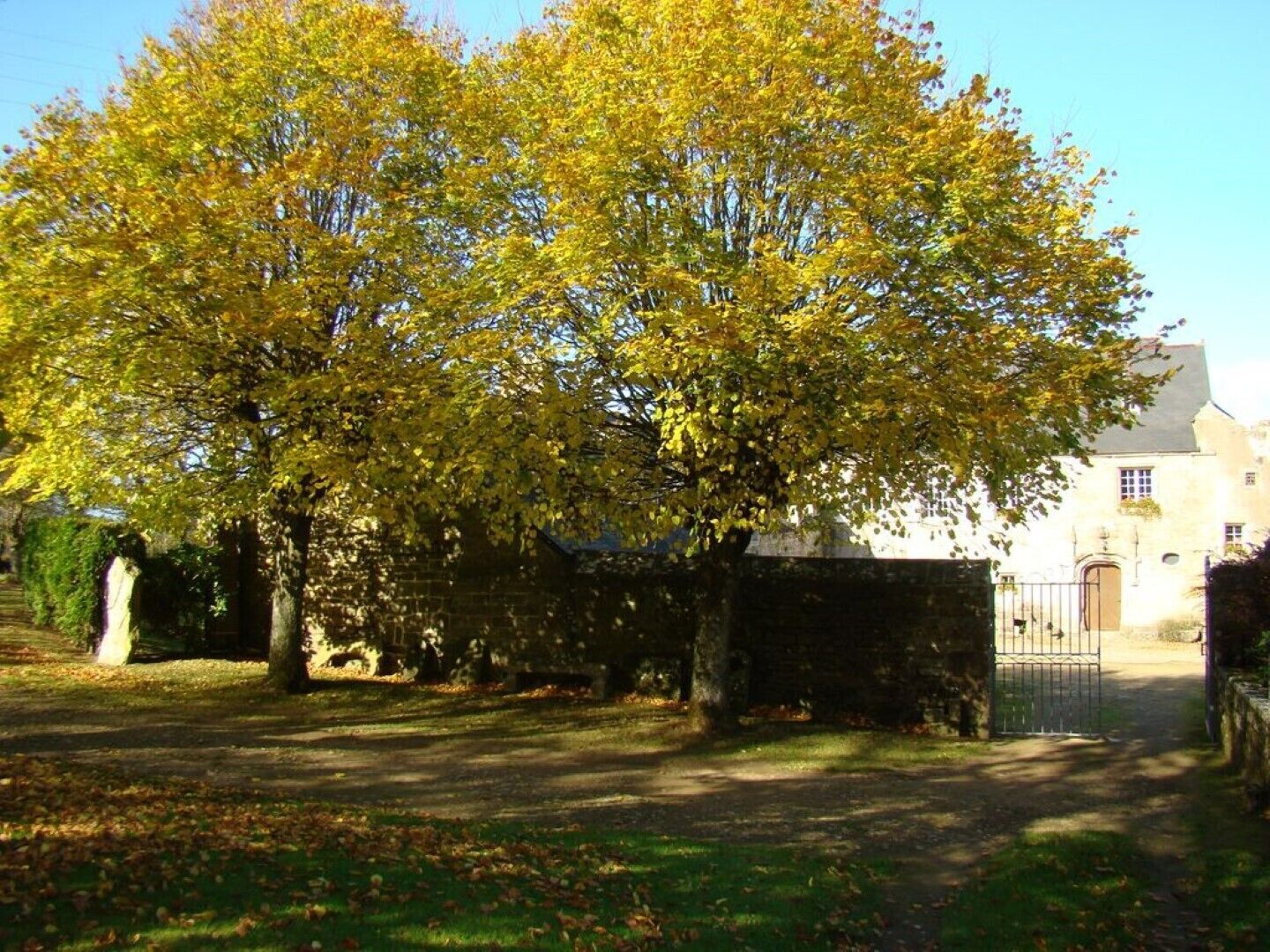 Een gebouw van steen met een hek, omgeven door bomen met gele bladeren.