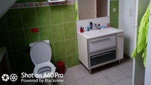 A bathroom with green tiles, a white toilet, a sink with toiletries, and a mirror.