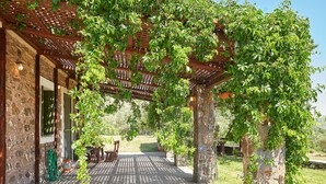 Un patio al aire libre cubierto con pilares de piedra, una pérgola y plantas en macetas.
