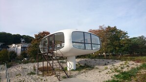 Una estructura moderna, blanca y con forma de cúpula, con ventanas amplias, rodeada de árboles y una zona arenosa.