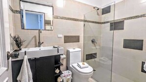 A modern bathroom with a glass shower enclosure, a white toilet, and a black vanity with a towel hanging on the door. - Ace Holiday Room w. Private Bath in Colonial Villa (Sosúa)