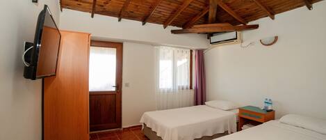 Habitación con dos camas, techo de madera, televisor en la pared y una mesita con una botella de agua.
