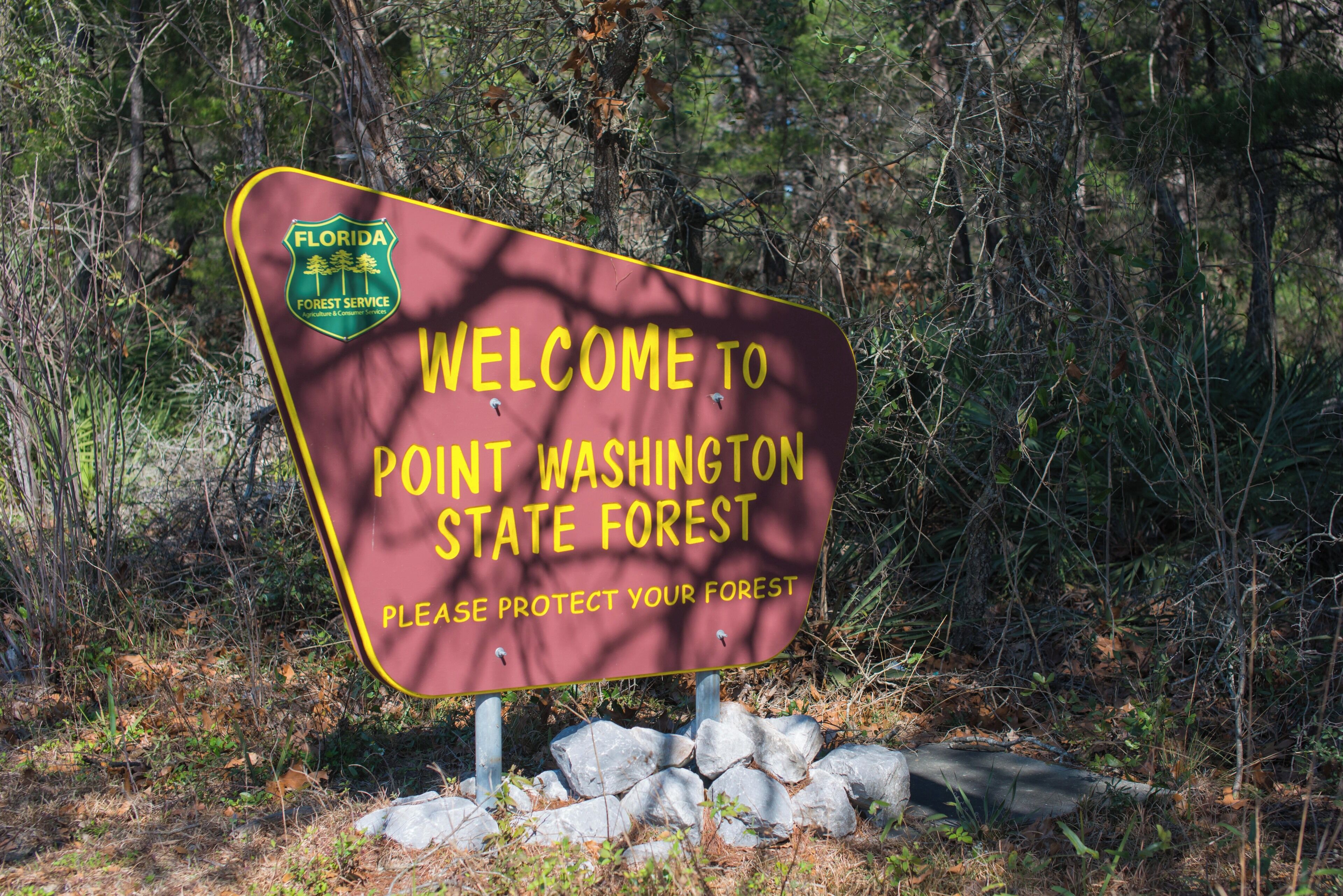 A welcome sign at Point Washington State Forest.