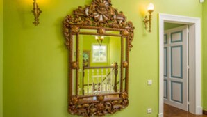 A hallway with a large ornate mirror on a green wall, a staircase with a railing, and a door with blue trim. - Private Pool & Breathtaking Views, Corfu Villa 1000 (Corfu)
