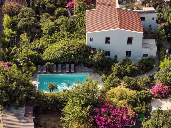 Piscine extérieure, chaises longues