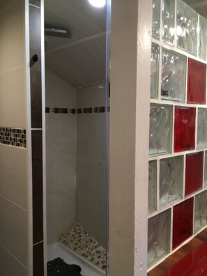 Ducha, secador de pelo, toallas y papel higiénico