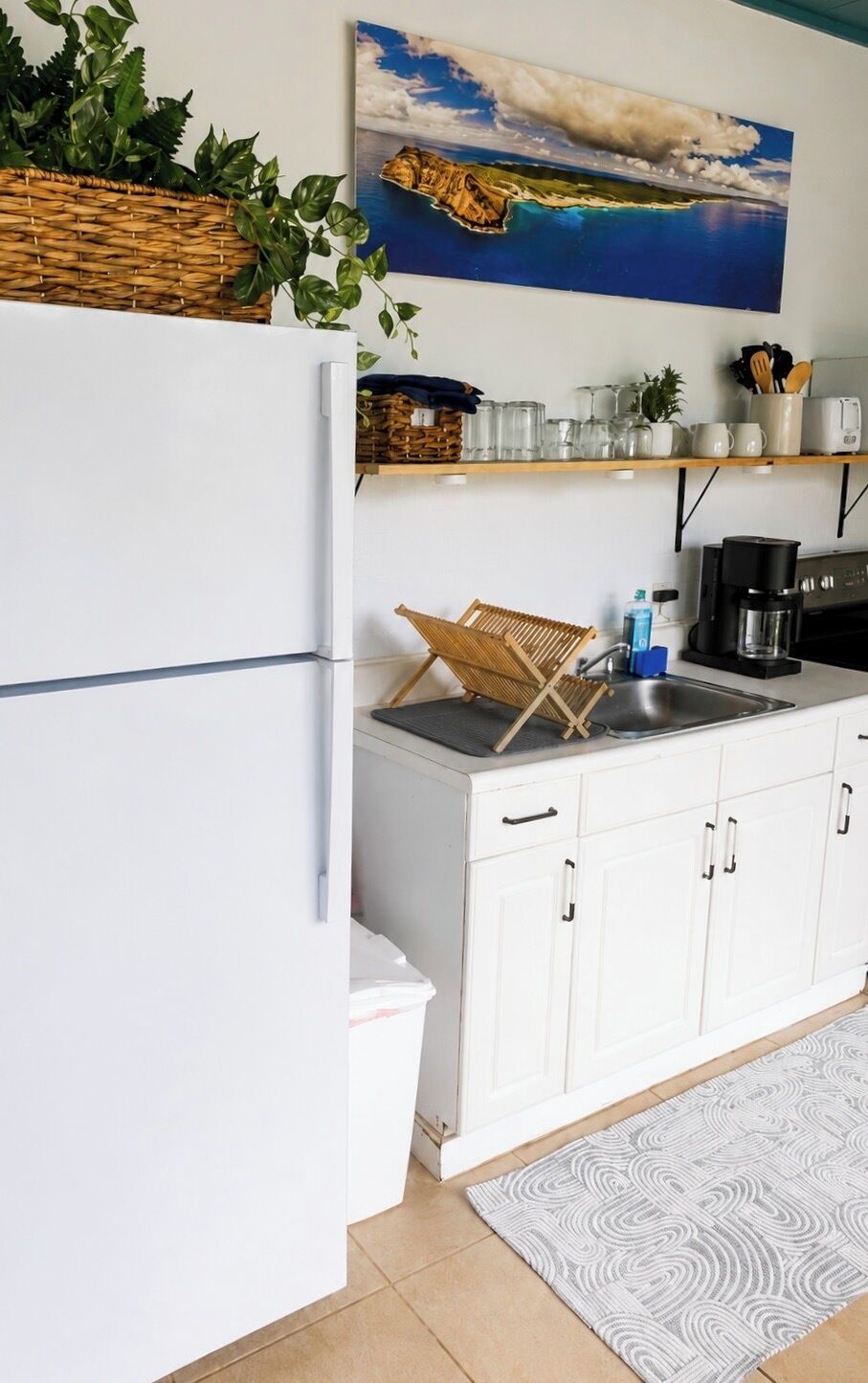 Una cocina con un refrigerador blanco, un lavamanos y una cafetera. Hay un estante sobre el lavamanos con cristalería y una planta.