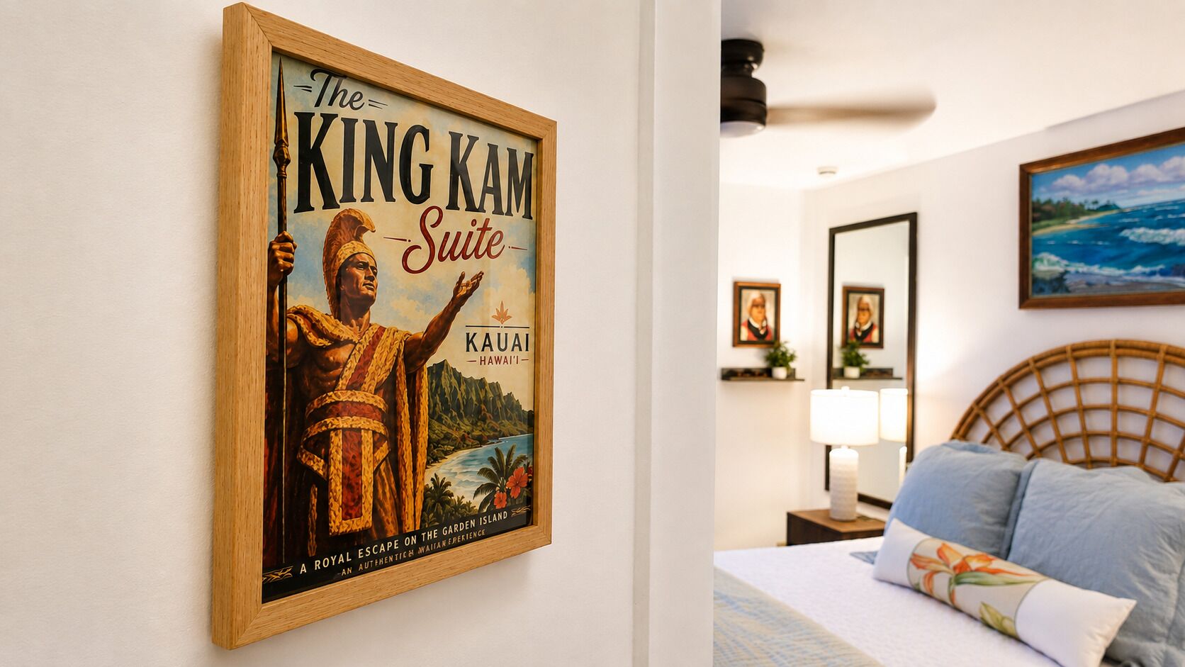 A framed poster of 'The King Kam Suite' in a hotel room with a bed, nightstand, lamp, and a painting on the wall.