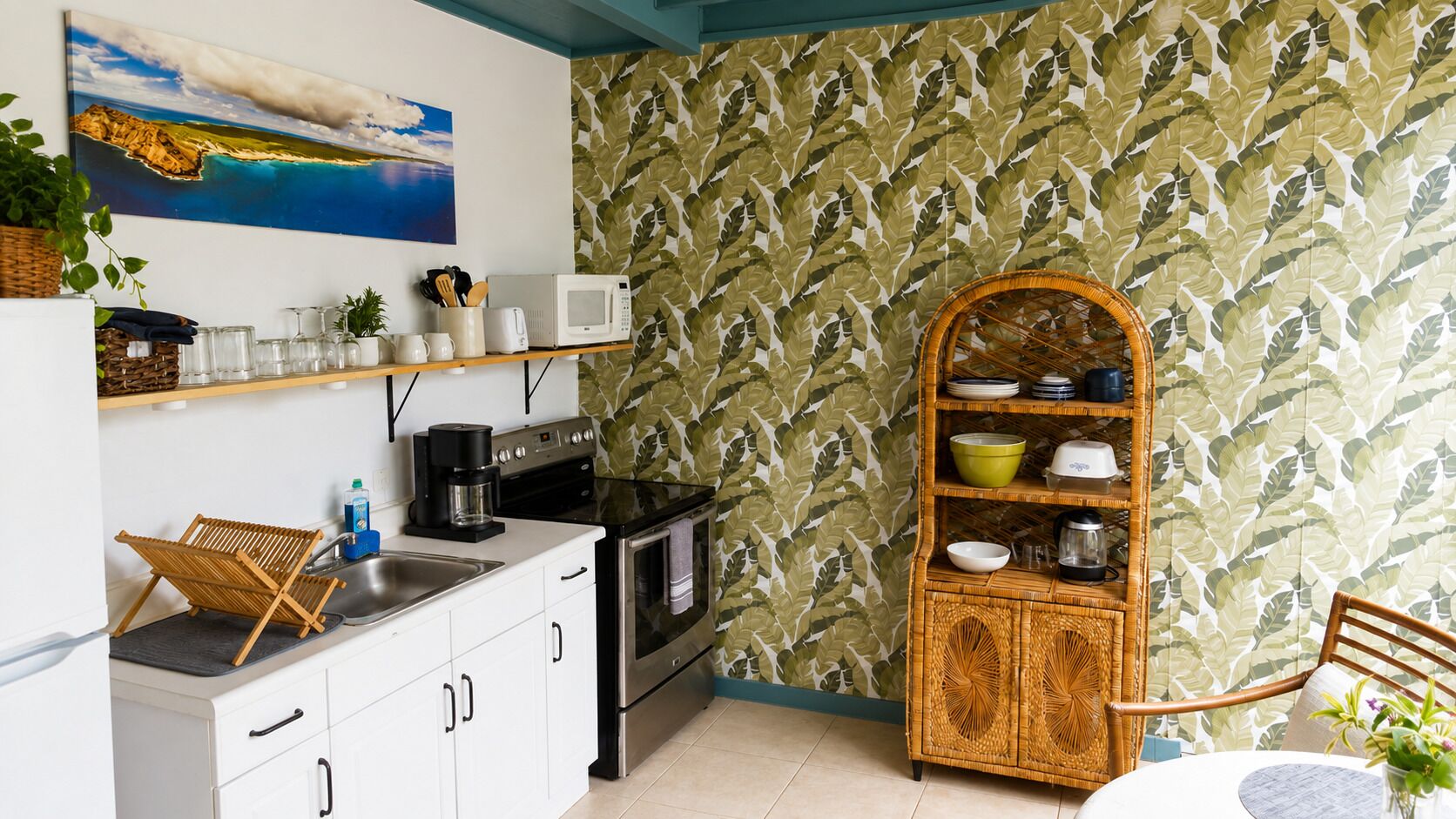 A kitchen with white cabinets, a microwave, a stove, and a wicker shelf.