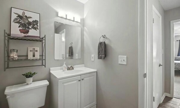 A bathroom with a toilet, sink, and mirror. There is a shelf with a plant and a cross. - Waterfront Home with Boat Dock and kayaks! (Milton)