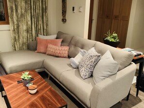 Smart TV, fireplace, DVD player, stereo