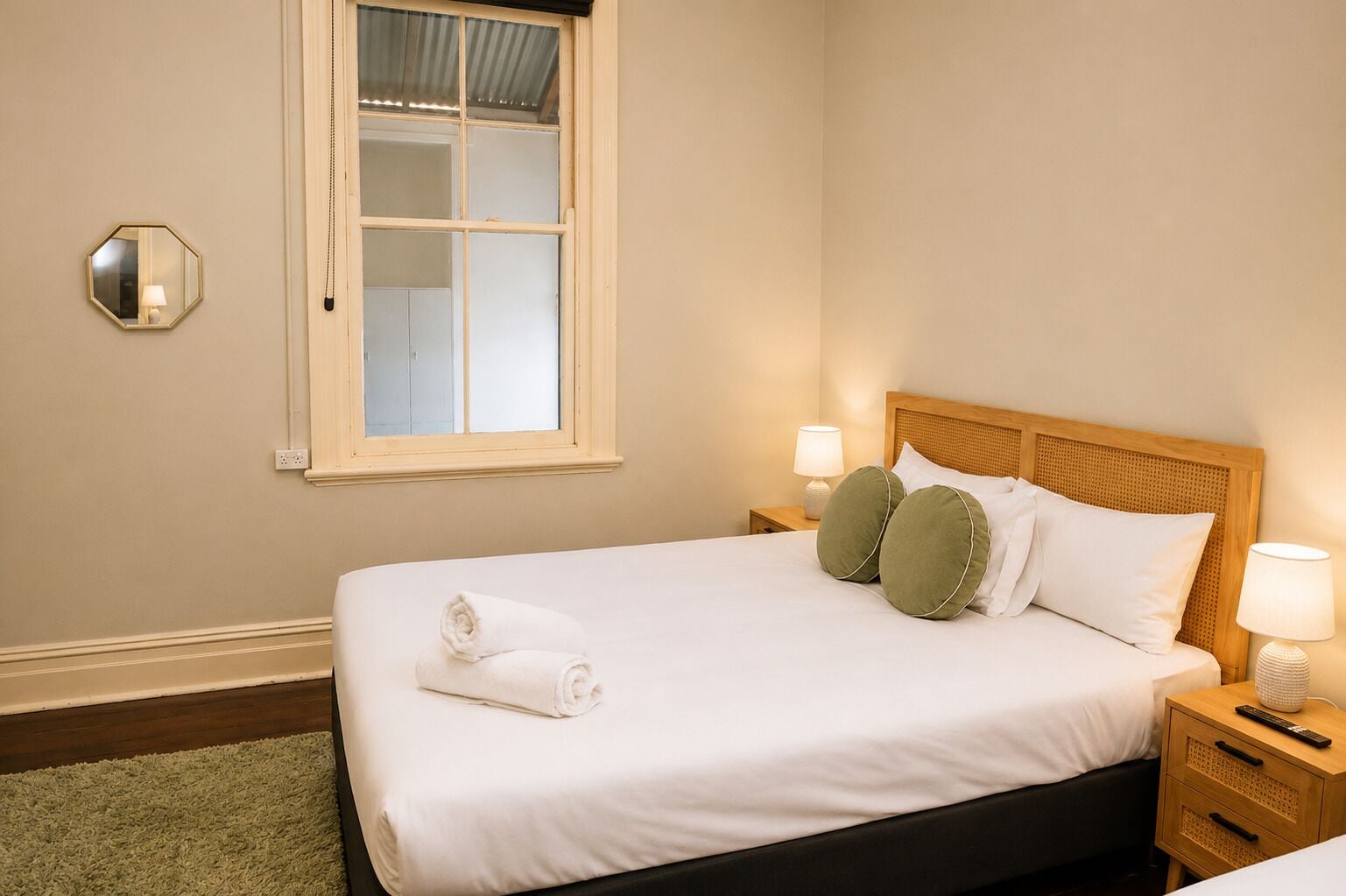 Un lit bien fait, avec du linge de lit blanc, deux oreillers verts, une serviette pliée et une lampe de chevet posée sur une table de nuit en bois.