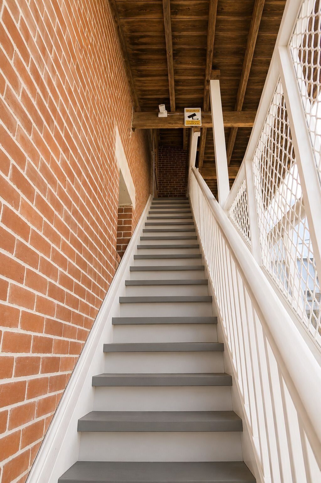 A staircase with a brick wall on one side and a white railing on the other, leading to an upper floor.