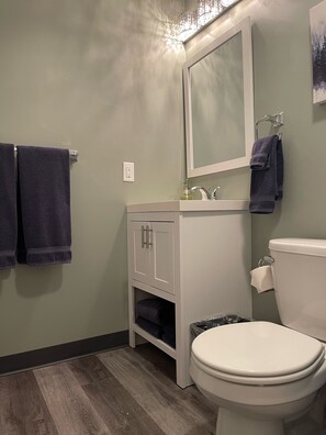 Combined shower/bathtub, hair dryer, towels, soap