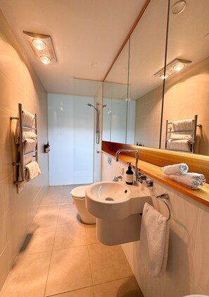 Combined shower/bathtub, hair dryer, towels, soap