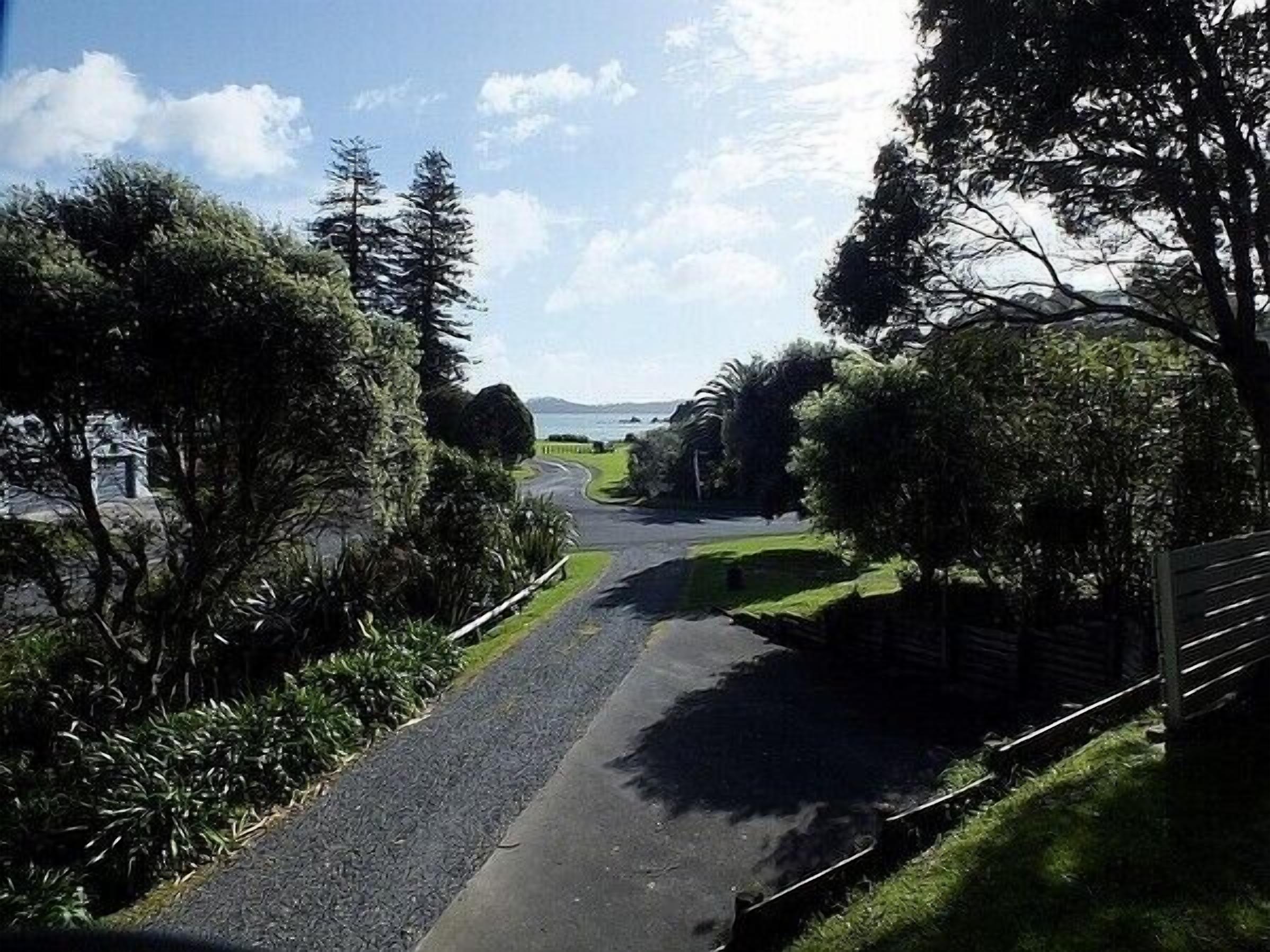A paved road flanked by trees and a grassy area, leading towards a body of water and distant mountains.