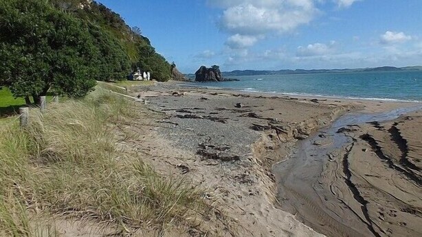 A beach with a rocky outcrop in the distance, grassy areas, and a clear sky. - Wharepekapeka - Russell Holiday Home (Russell)
