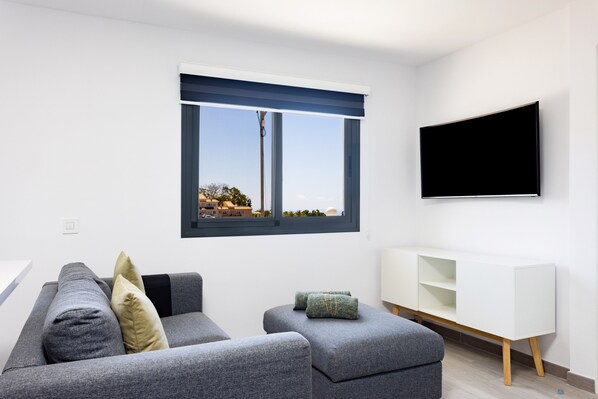 A modern living room with a grey sofa, a flat-screen TV, and a window with blinds.