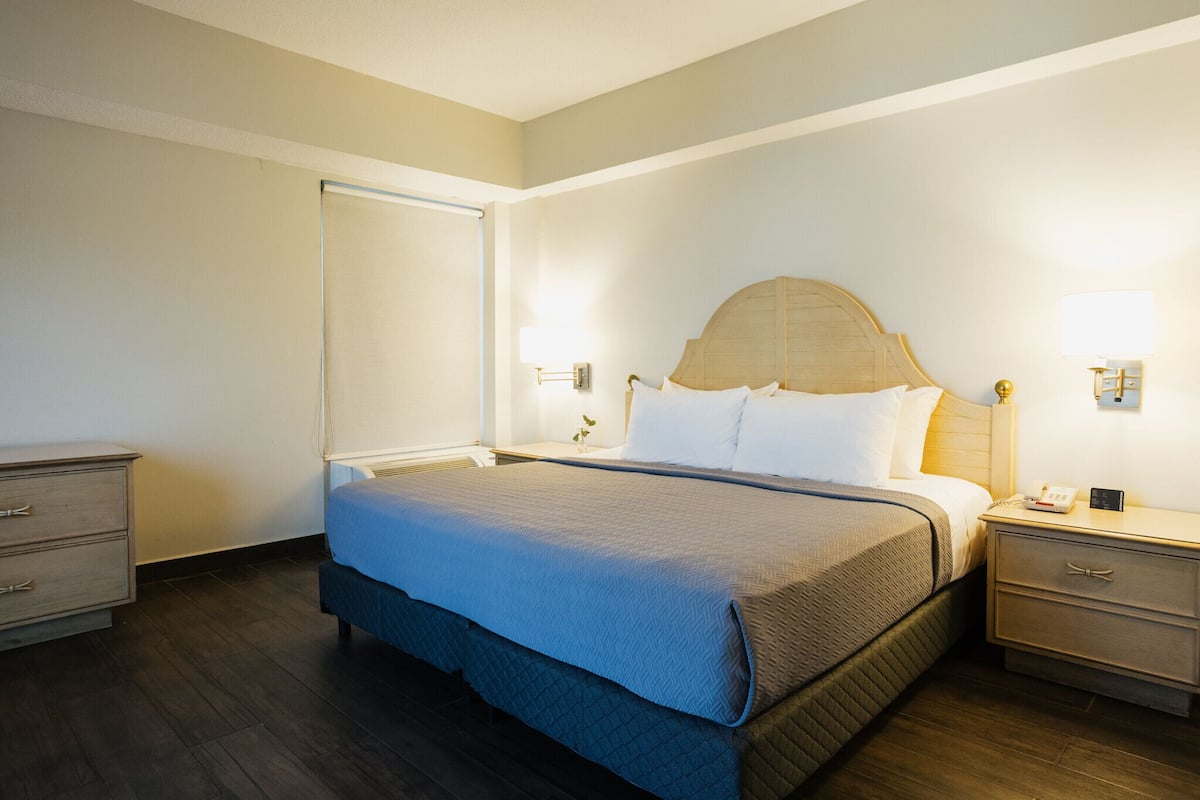 A hotel room with a large bed, bedside tables, a wardrobe, and a door.