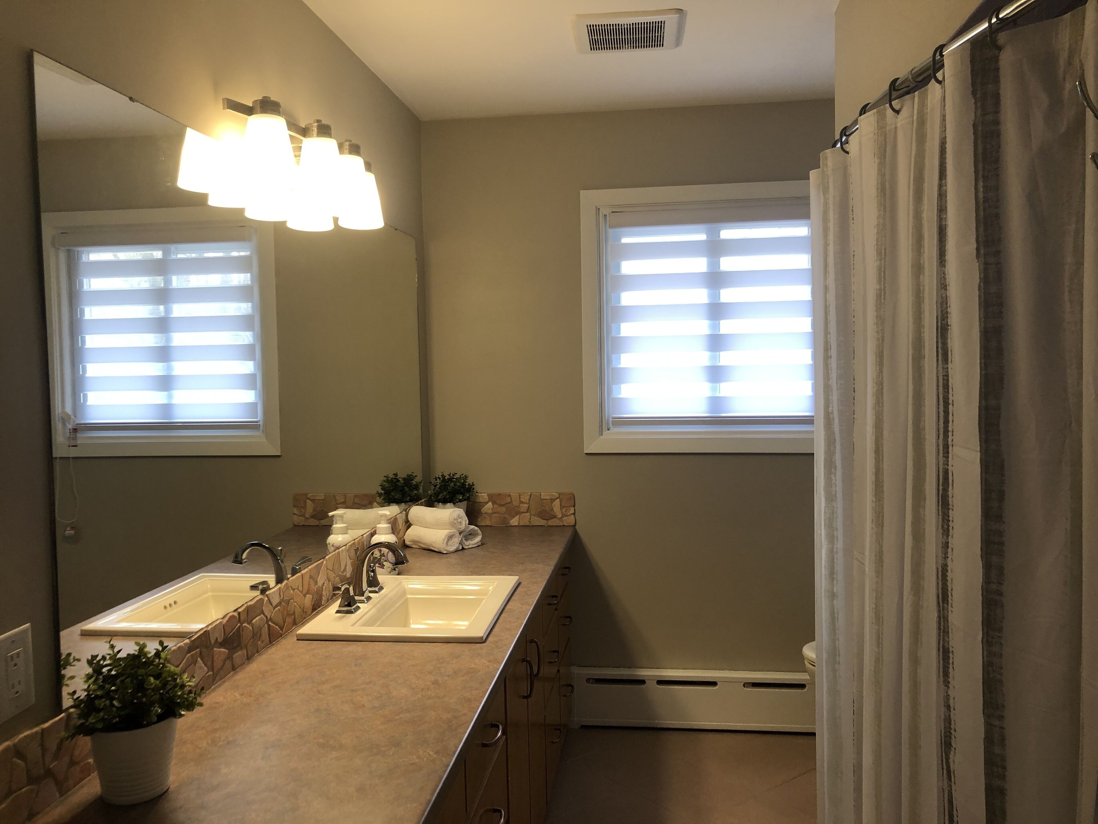 A bathroom with two sinks, a mirror, a shower curtain, and a vent.