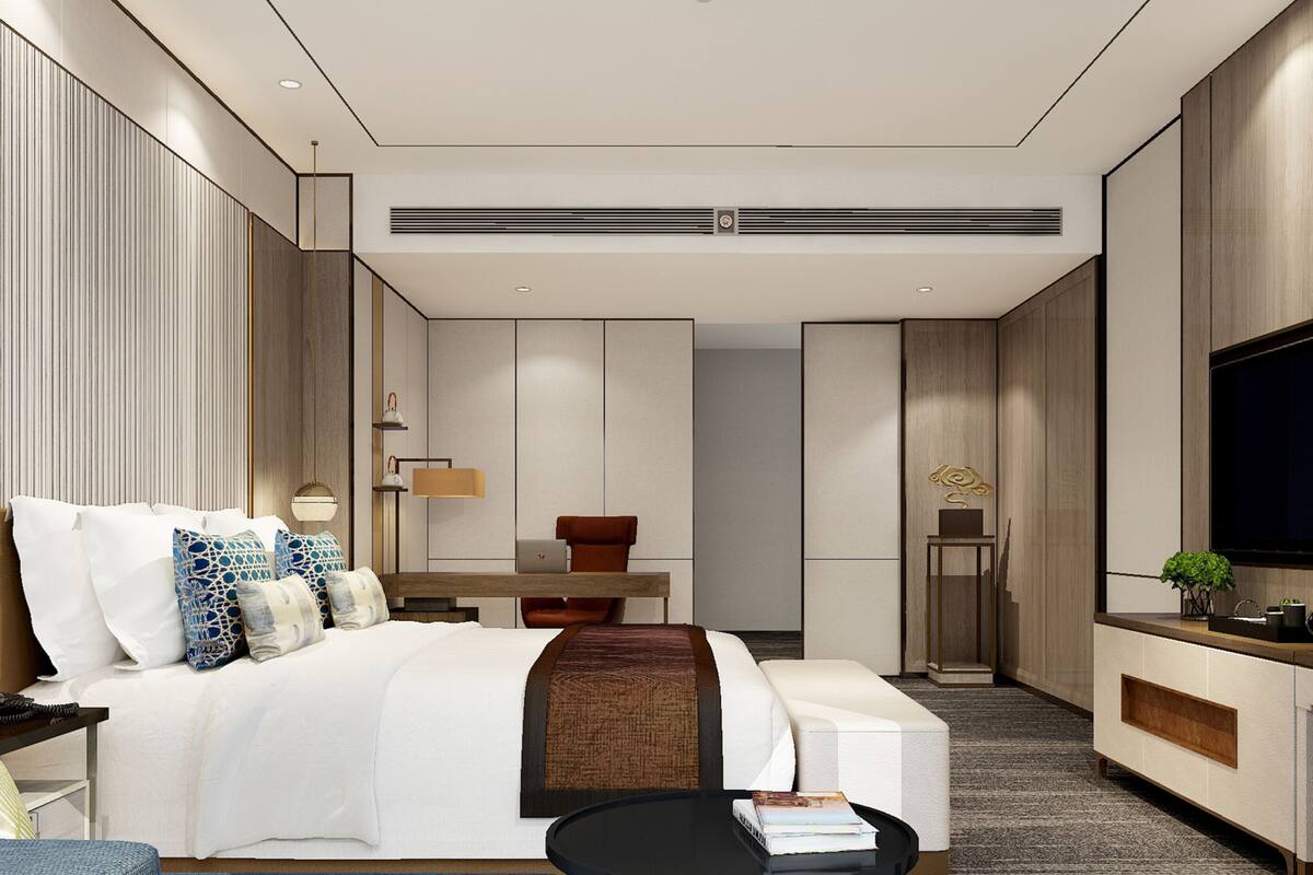 Habitación de hotel moderna con una cama grande, un escritorio, una silla, un televisor y una planta pequeña.