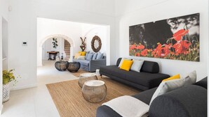 Ein modernes Wohnzimmer mit einem grauen Sofa, einem großen Gemälde mit einem roten Mohn und einem gewebten Teppich.