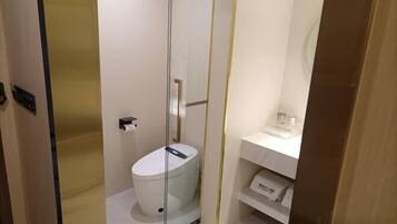 A modern bathroom with a glass-enclosed shower, a white toilet, and a white sink with a mirror above it.