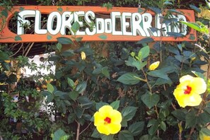Een bord met de tekst 'FLORES do CERRADO', omgeven door groene begroeiing en gele bloemen.