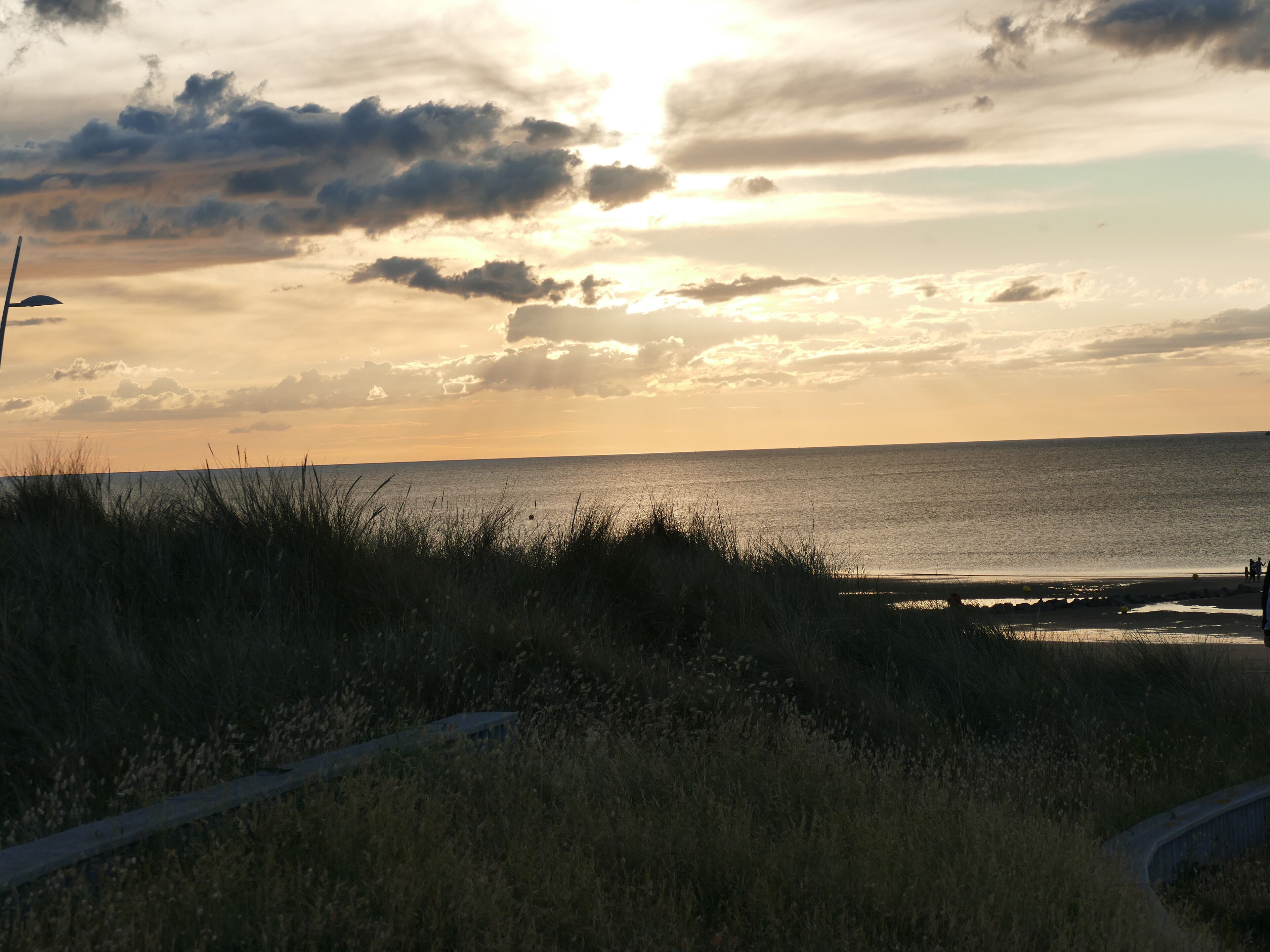 Un paysage côtier avec un sentier menant à la mer, un ciel nuageux et une vue lointaine sur l’horizon.