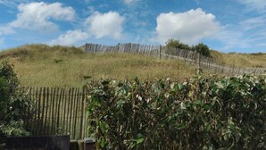 A grassy hill with a bamboo fence and dense foliage in the foreground. - Garden level T2+Cabin direct access to the sea (Cabourg)