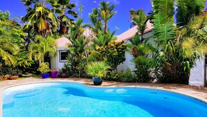 A swimming pool surrounded by lush tropical plants and a house with a red roof.