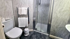 A modern bathroom with a toilet, sink, and glass-enclosed shower. - The Climbers Inn (Glencar)