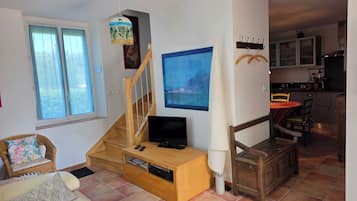 TV, DVD player, mesa de pingue-pongue, livros