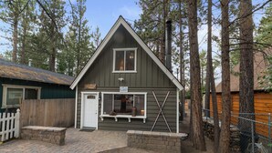 A cabin with a gabled roof, a front door, and a window.