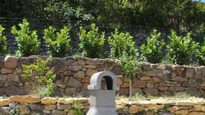 A stone-built outdoor oven with a chimney, set against a stone wall and surrounded by greenery. - Beautiful newly built house with private pool in the Ardèche (Chassagnes)