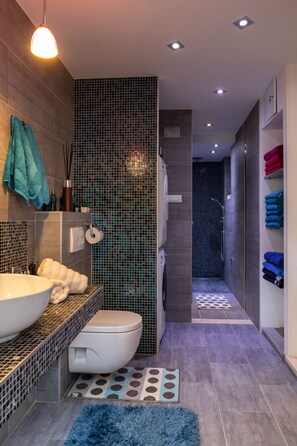 Apartamento (One-Bedroom Apartment) | Baño | Ducha, artículos de higiene personal gratuitos y secador de pelo