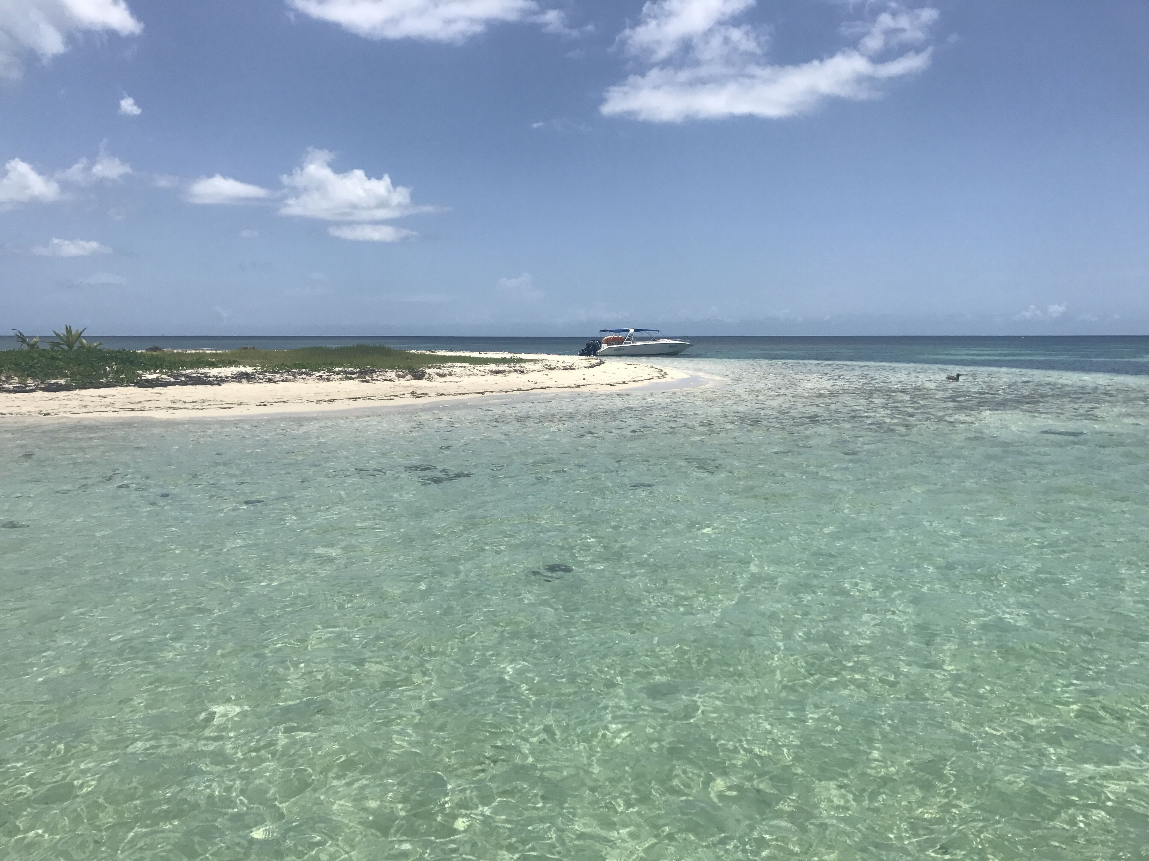A beach with clear turquoise water, a boat on the sand, and a distant horizon.