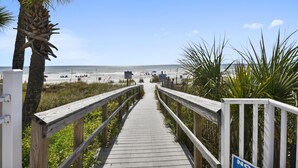 Ein Holzsteg führt zu einem Strand mit Palmen und blauem Himmel.