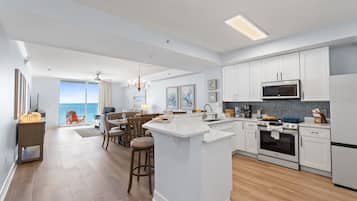 Deluxe Condo, 2 Bedrooms, Balcony, Ocean View (505) | Private kitchen | Full-size fridge, microwave, coffee/tea maker