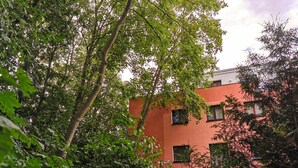 Een gebouw met veel ramen en een rode gevel, omgeven door weelderige groene begroeiing.