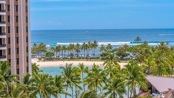 On the beach, sun-loungers, beach towels