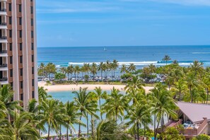 On the beach, sun-loungers, beach towels