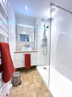 Shower, hair dryer, towels, toilet paper